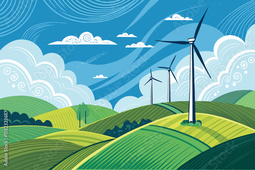 Fantastic Wind Turbines Rolling Hill High-End Commercial Asset Artistic Creative Vision Excellent for Brand Identity Development Digital Marketing Content Creation Creative Asset