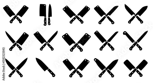Set of silhouette kitchen knives: cleavers, chef knives, and butcher tools
