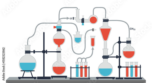 Intricate flat design of chemistry lab apparatus with fluid dynamics