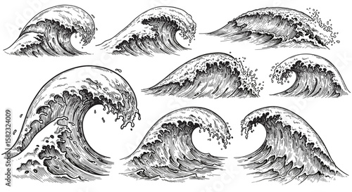 Vintage ocean waves collection in hand-drawn style