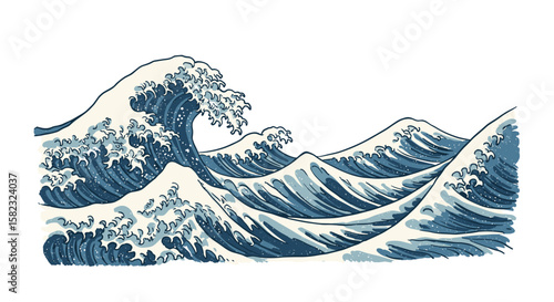 Dynamic ocean waves with japanese style in blue and white seascape