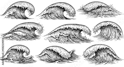 Hand drawn ocean waves collection in engraved vintage style