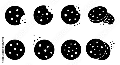 Black and white cookie icons set with bites in minimalistic silhouette style