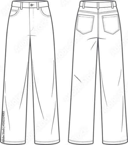 Wide leg jeans technical flat sketch, fashion vector template, front and back view, denim pants illustration, clothing design drawing, garment