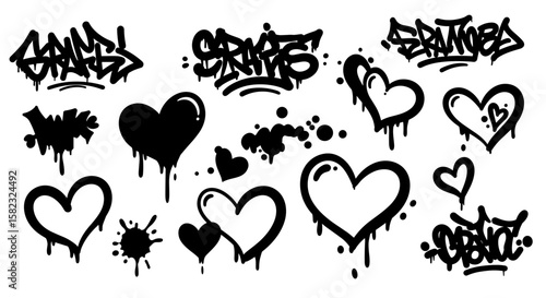 Urban graffiti collection with stylized text and dripping heart designs