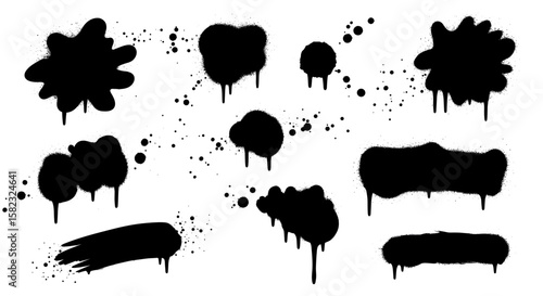 Abstract dripping black ink splatter set with paint blot elements