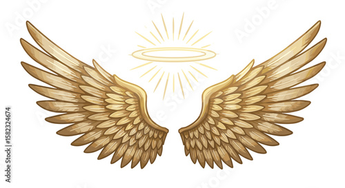 Golden angel wings with halo and radiant light on white background