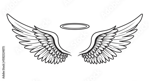 Angel wings with halo in linear design: ethereal spirituality and serenity
