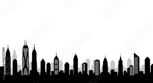 City skyline silhouette with high-rise buildings on white background