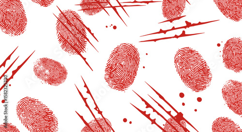 Red fingerprint and scratch pattern with splatter elements on white background