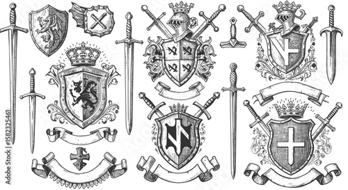 Heraldic shields and swords collection featuring medieval crests and banners in engraved style