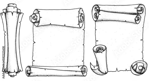 Vintage scrolls collection: set of hand-drawn blank, rolled, and unrolled scroll designs