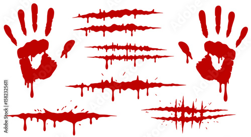 Red splatter and handprints with dripping scratch marks