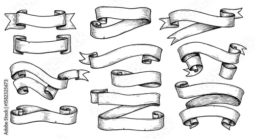 Vintage hand drawn banner set: classic scroll and ribbon designs