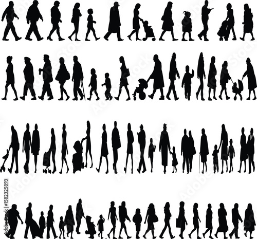  vector illustration. silhouettes of people walking along the street. Large set of characters of different ages.