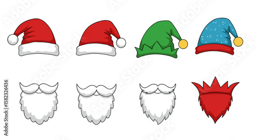 Festive christmas hats and beards collection in cartoon style