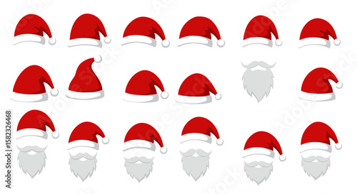 Festive santa hat and beard icons set for christmas designs