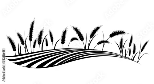 Black and white wheat silhouettes on farmland ridge