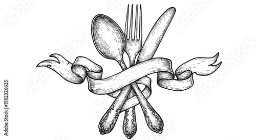 Vintage cutlery with ribbon: intricate hand-drawn design in black and white