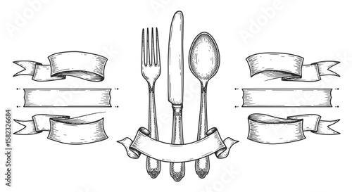 Vintage cutlery design with blank ribbon labels and hand-drawn style for restaurant menus