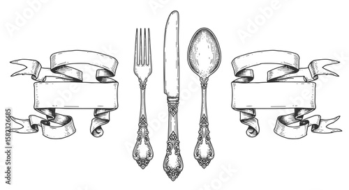 Elegant vintage cutlery with ribbon banners in detailed sketch art