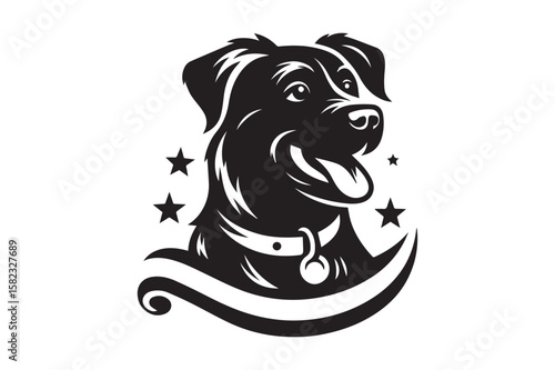 Dog Silhouette creative logo. Beautiful Black and White Dog, Canine, Hound, Pooch, Puppy, Mutt, Tyke, Doggy.	