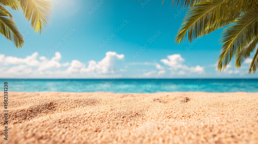 Obraz premium Summer background with frame, nature of tropical golden beach with rays of sun light and leaf palm. Golden sand beach close-up, sea, blue sky, white clouds. Copy space, summer vacation conc 62261384 1