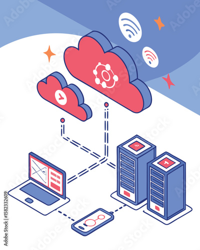 Isometric Cloud Computing Network Concept – Data Storage and Internet Technology Illustration