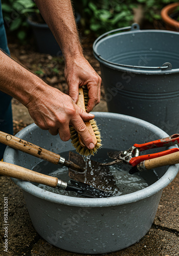 Hands cleaning garden tools in a basin