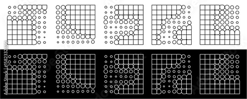 Disappearing concept vector with abstract elements fading in grid pattern, minimal design in black and white for digital, science, or futuristic themes.