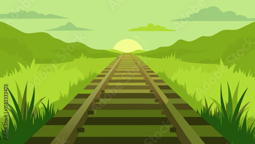 Abandoned Train Tracks with Overgrown Grass and Peaceful Horizon Vector Illustration