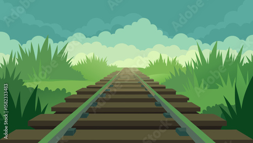 Abandoned Train Tracks with Overgrown Grass and Peaceful Horizon Vector Illustration