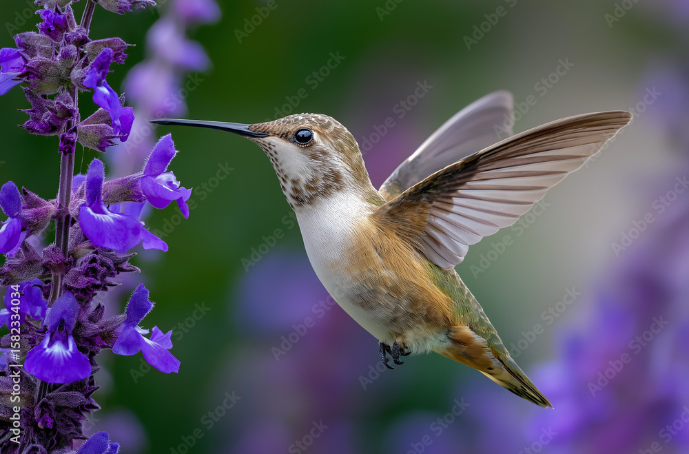 Obraz premium A hummingbird hovering near purple sage, its wings and beak visible as it drinks nectar