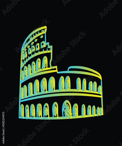 Colosseum Rome Neon Line Art T-shirt Design, Italy Landmark Travel Vector Illustration