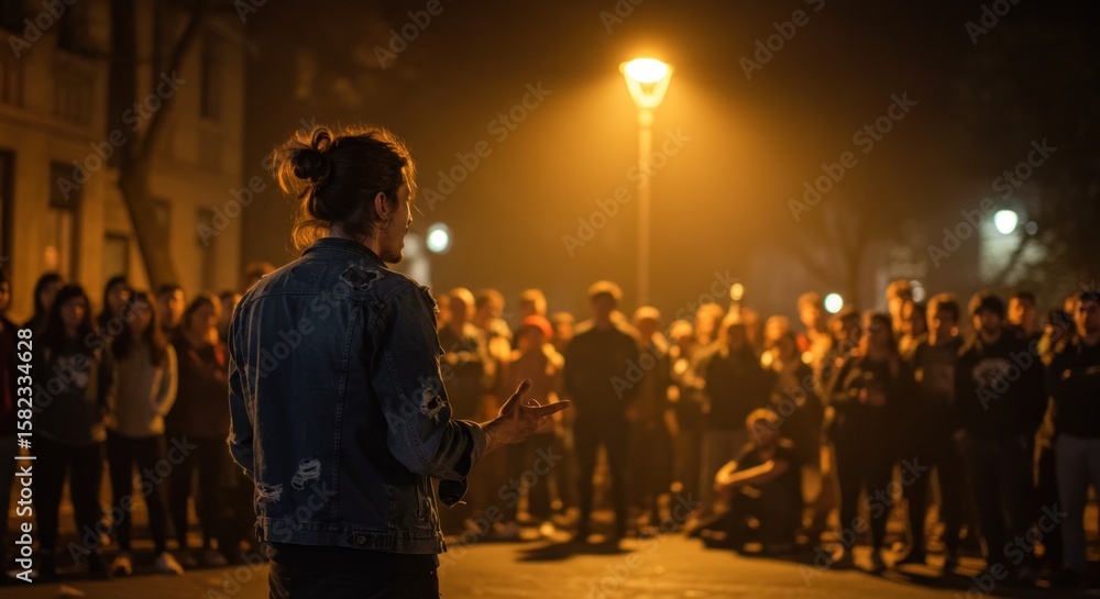 Naklejka premium Gathering under the nightlights: A speaker addresses a crowd in an urban setting with passion and