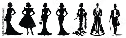 Vintage Hollywood Glamour Silhouette Vector Set, Elegant 1950s fashion icons in retro poses with classic hairstyles, perfect for posters, branding, product labels, and digital artwork