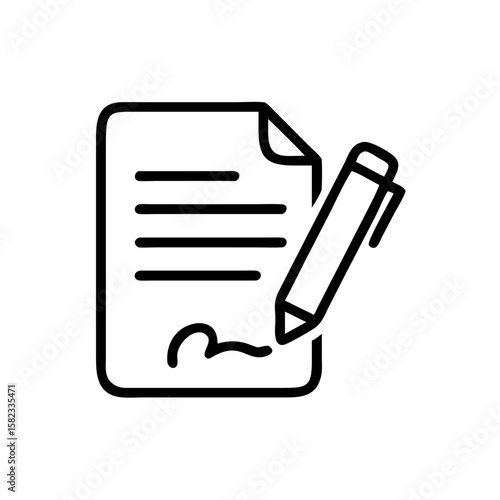 Legal contract illustration on white showcases document with signature and pen. Legal contract, essential for agreements, features clear terms and a signing instrument.