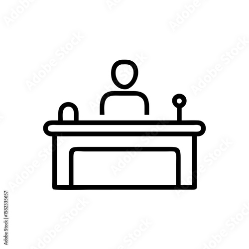 Courtroom bench icon representing justice and legal proceedings in minimalist style. Courtroom bench represents a seat of authority, where judges preside over trials, law, and judgments.