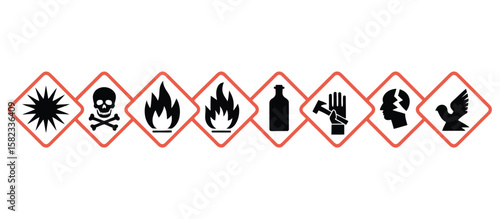 GHS hazard pictograms vector. Labelling of Chemicals. Explosive, Flammable, Oxidizing, Compressed Gas, Corrosive, Toxic, Harmful, Health hazard and Environmental ... See More
