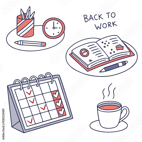 Illustration of back to work concept featuring desk items such as calendar, clock, notebook and coffee cup