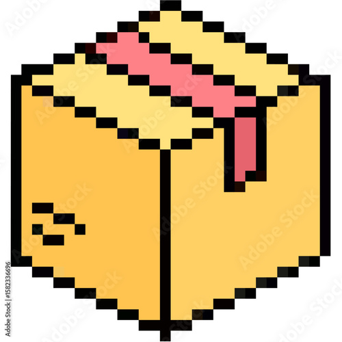 Pixel parcel box vector, depicting a delivery package in an 8-bit style. Ideal for gaming inventory, e-commerce icons, or retro logistics themes.