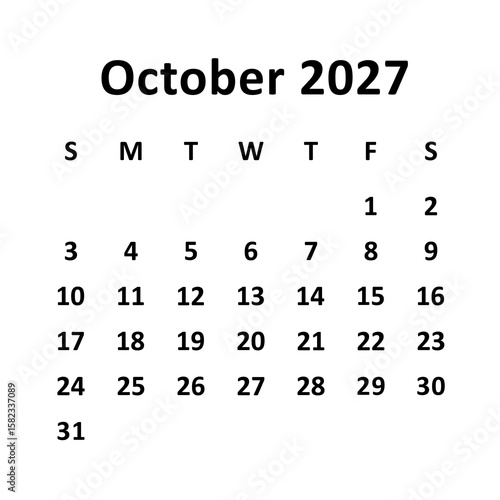 October 2027. monthly calendar design. week starts on Sunday. printable, editable, simple, and clean vector design isolated on white background.