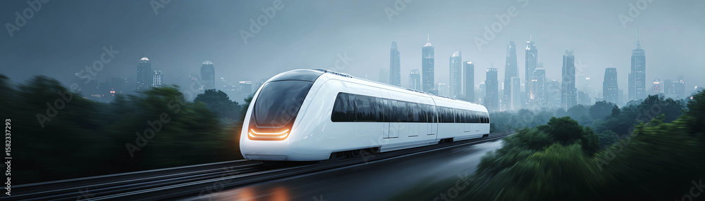 Naklejka premium Futuristic transport capsule high speed train modern city sleek design urban landscape misty morning innovation technology