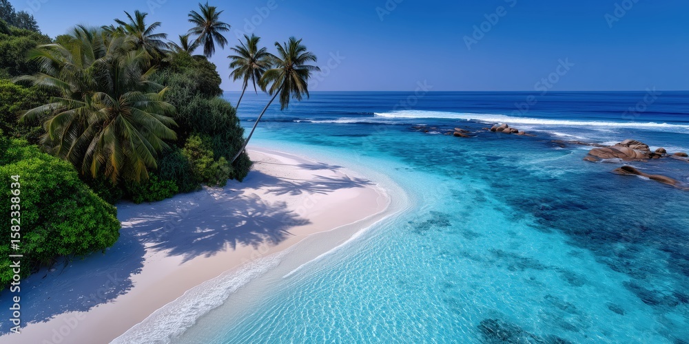 Obraz premium aerial view of tropical beach with turquoise water and palm trees