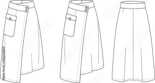 Wrap midi skirt technical flat sketch, button pocket detail, front and back view, fashion vector template for women apparel design