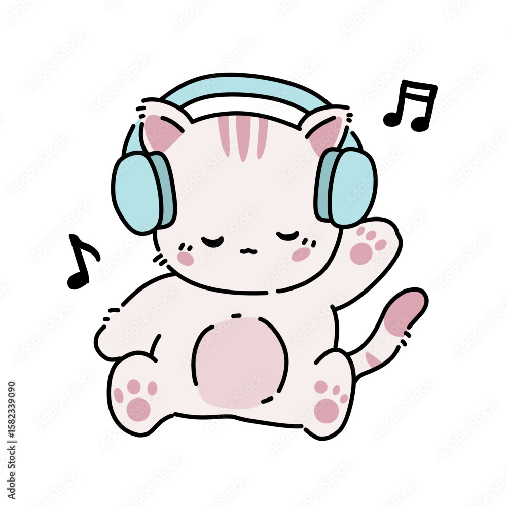 Fototapeta premium White cat listening to music vector illustration 