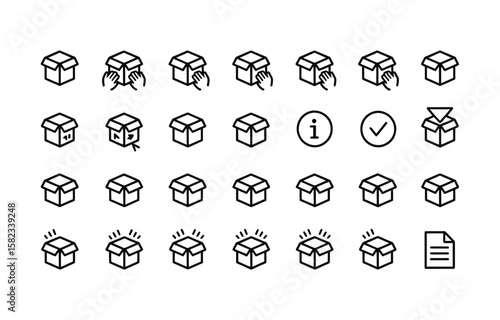 Package, delivery boxes, cargo box. Box line icons. Cargo distribution, export boxes, return parcel icons. Shipment of goods, purchase container, open package. Logistics goods. Vector