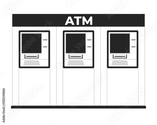 Row of ATM machines for public banking 2D line object. Automated teller devices withdrawal. Financial self service cashpoints isolated clipart vector ink outline item. Monochrome spot illustration