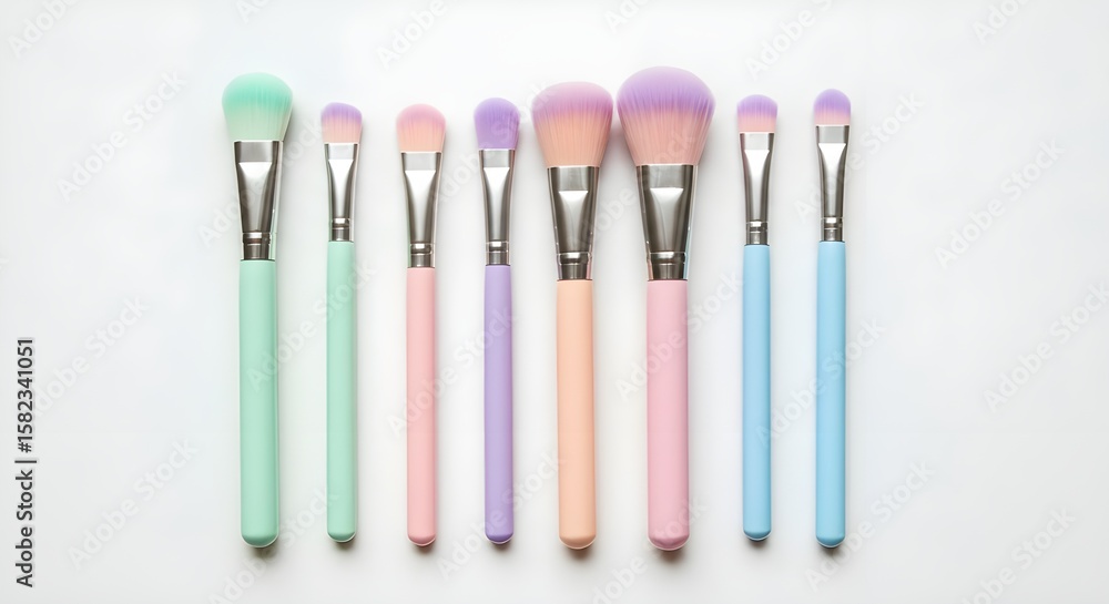 Collection of Pastel Makeup Brushes, Professional Cosmetic Tools on White Background Collection of Pastel Makeup Brushes, Professional Cosmetic Tools on White Background