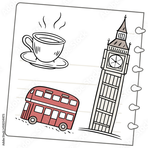 Illustration of london themed doodle with big ben, double decker bus and cup of coffee on notepad sheet